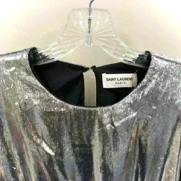Saint Laurent Womens Silver Draped Waist Faux Wrap Metallic Silk Dress FR 40 - Picture 4 of 16